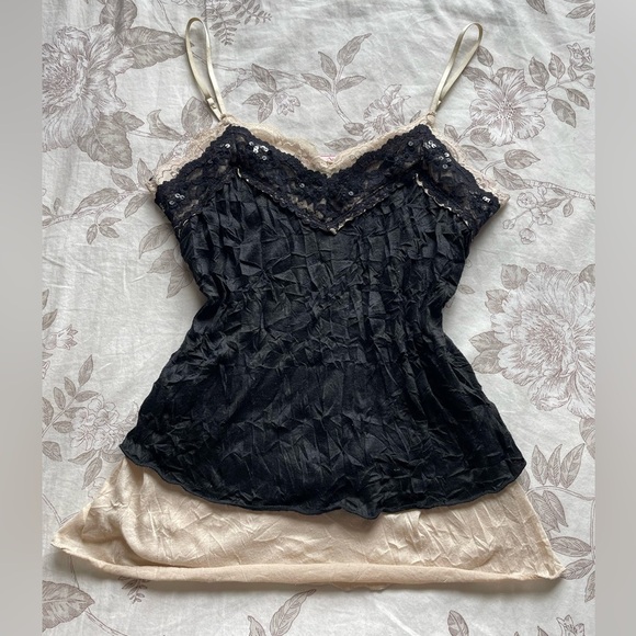 Y2K Black Cream Lace Sequin Trim Layered Tank Top Small Elena Gilbert Bella Swan - Picture 1 of 6